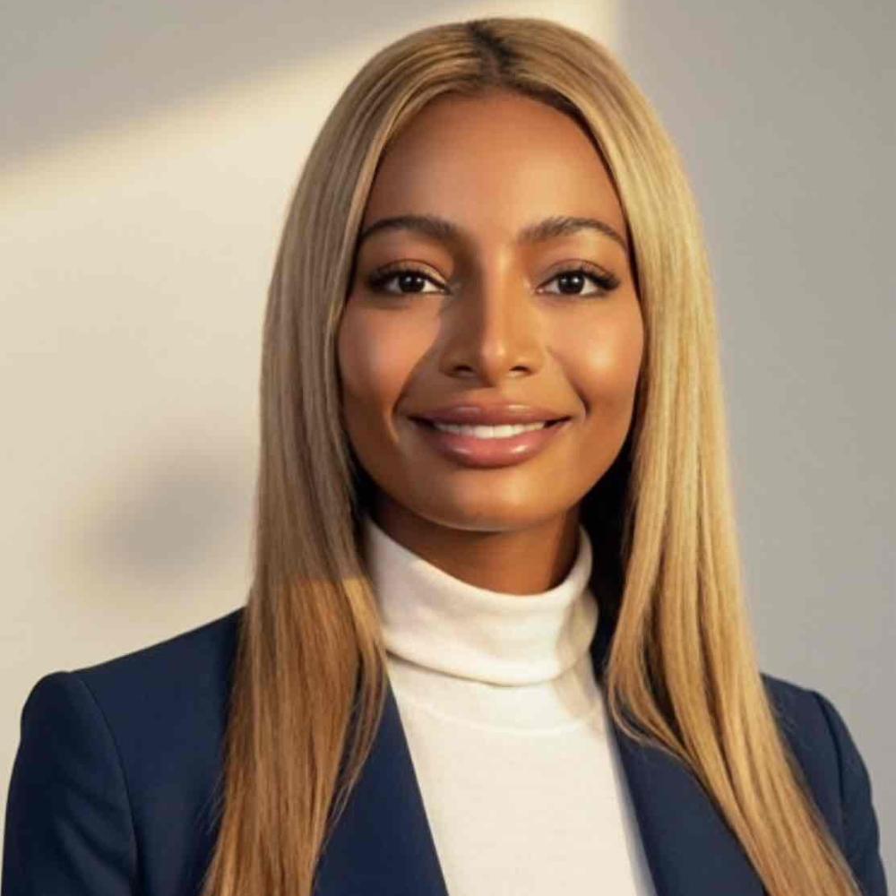woman with long blond hair wearing blue suit jacket and white turtleneck top