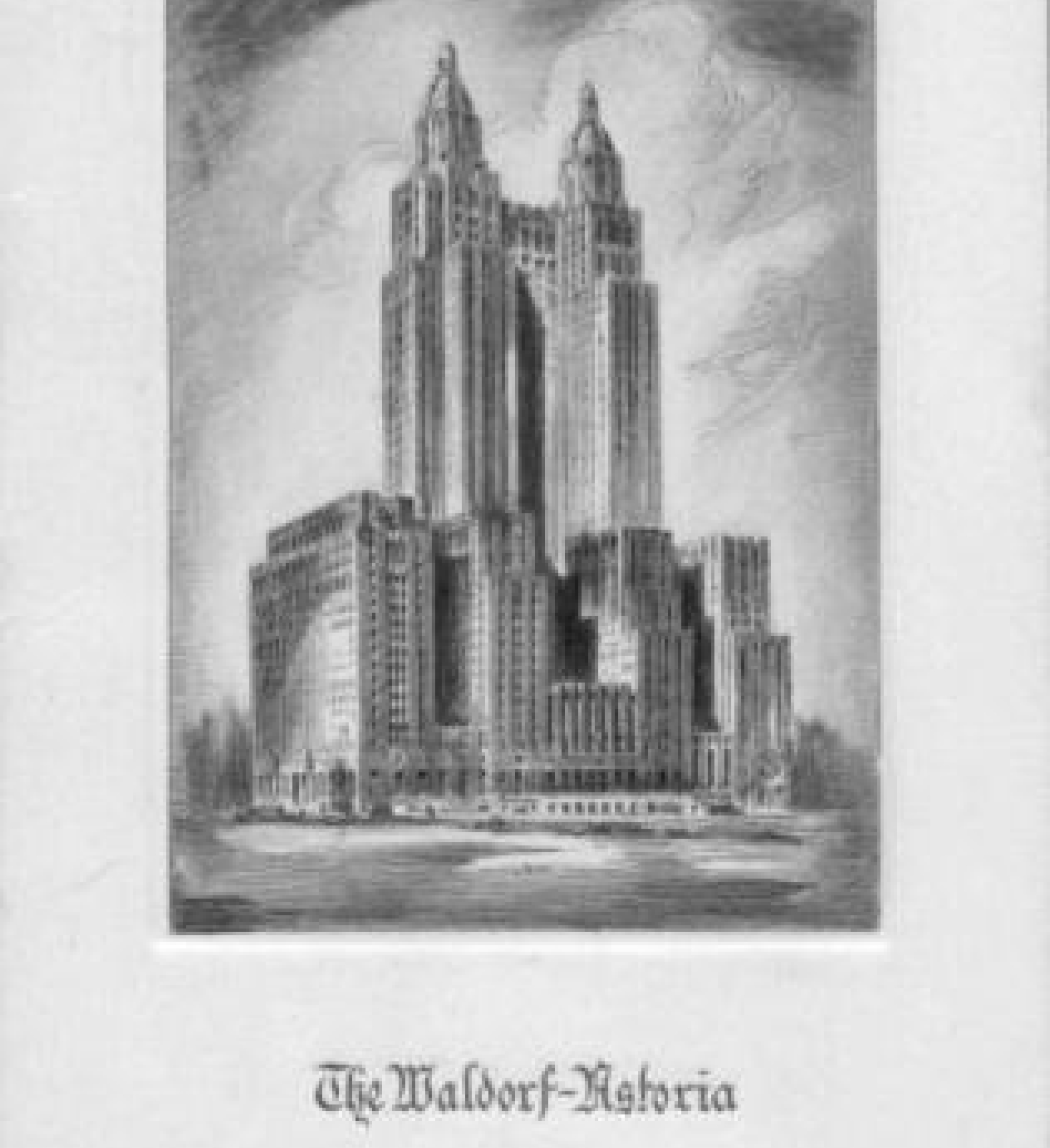 Illustration of the Waldorf Astoria, a tall building with two pointy towers