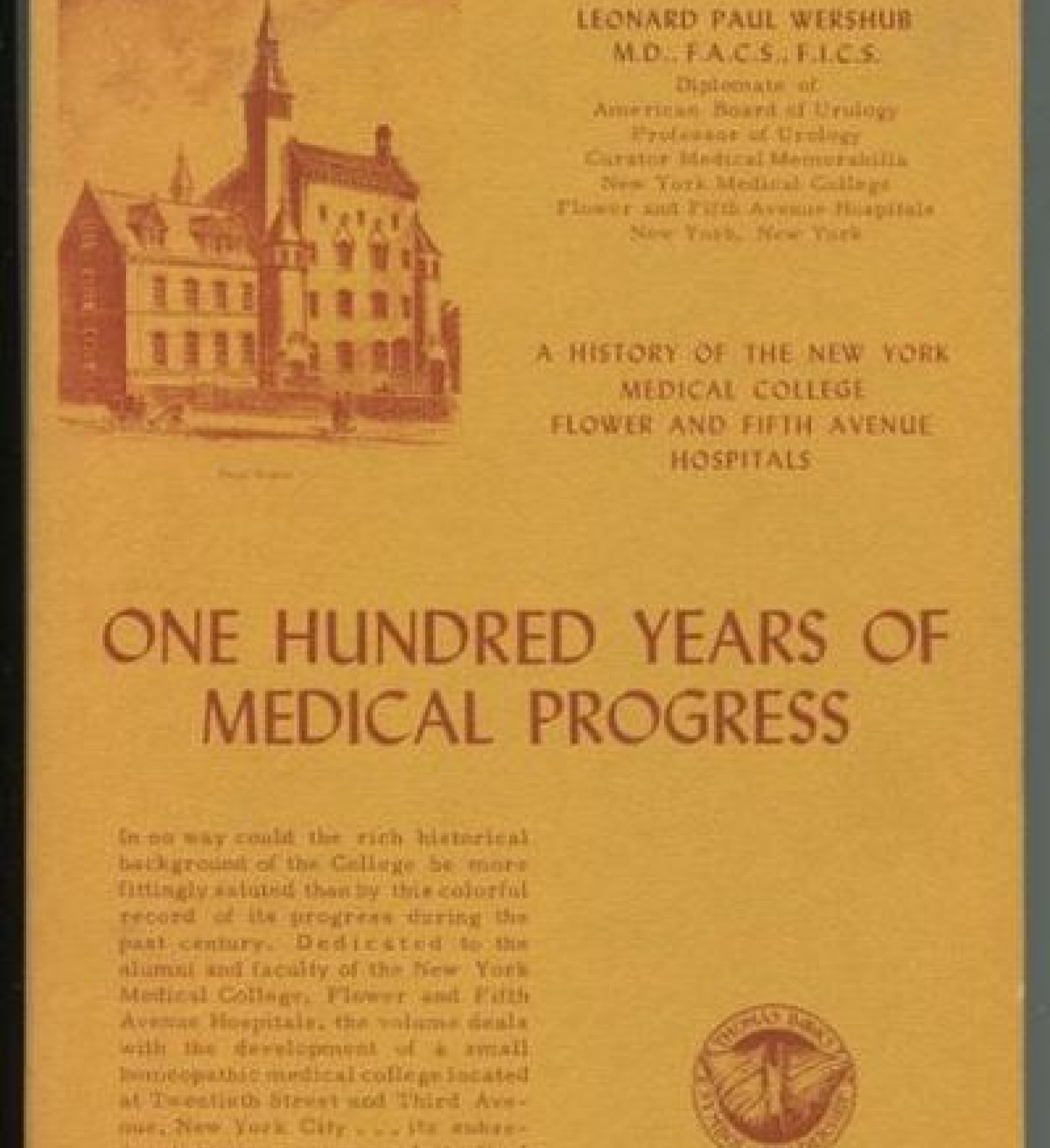 Cover of One Hundred Years of Medical Progress, with an illustration of the Flower-Fifth Avenue hospital