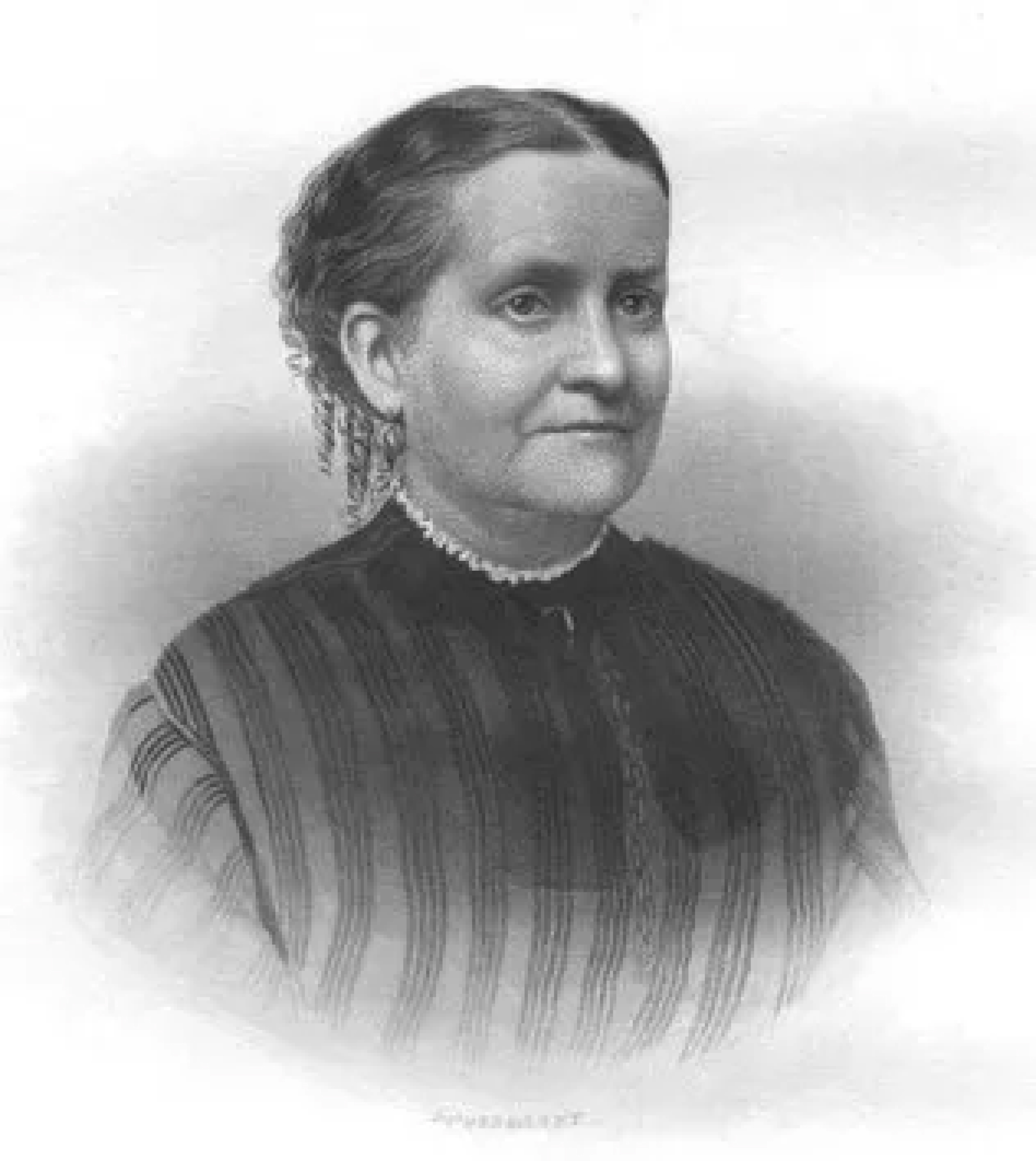 Clemence Sophia Hamed Lozier. Middle aged woman with dark, pulled back hair with curls on the end, a striped dress with a small frilly collar. Serious expression on face