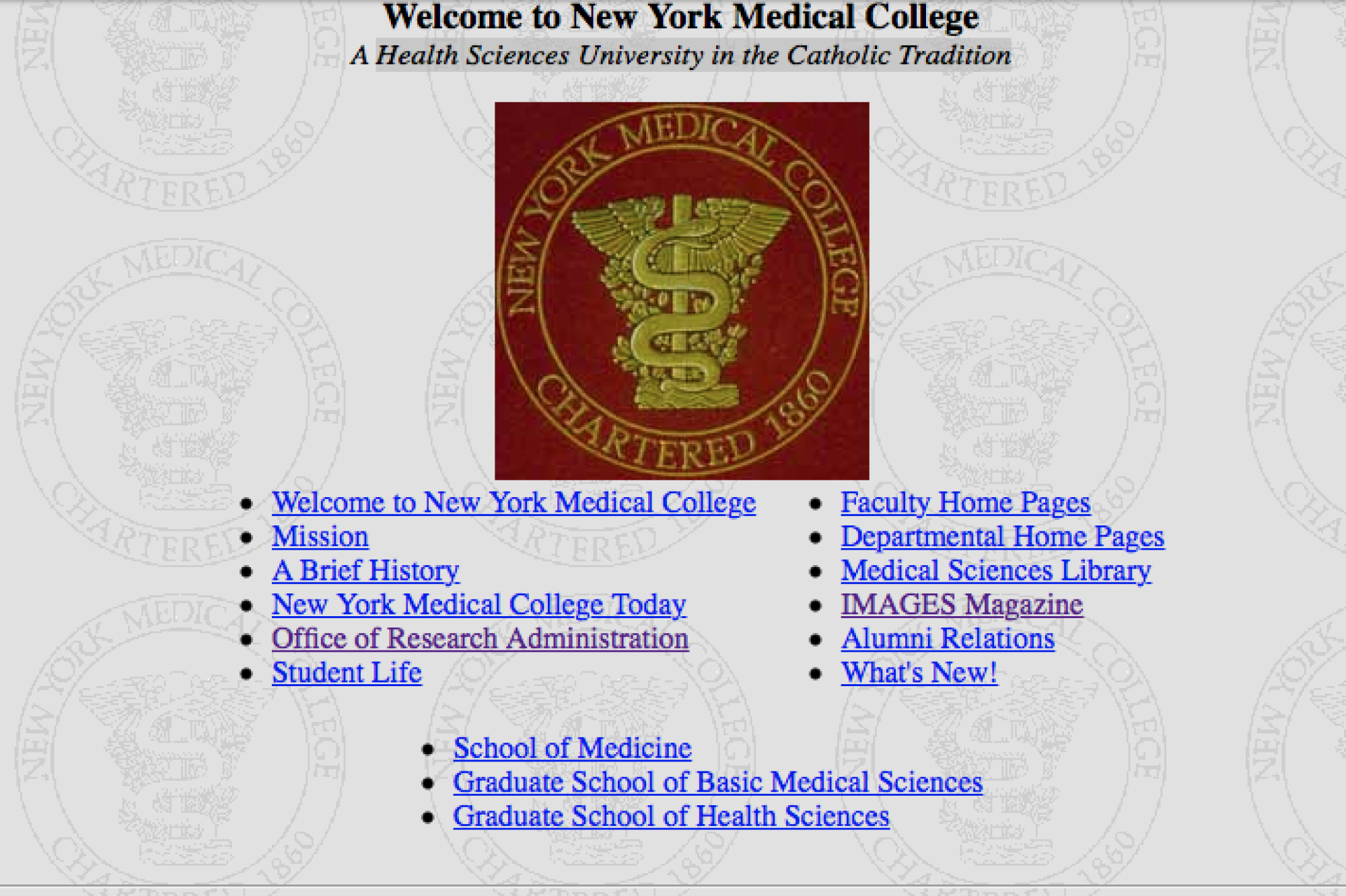 Screenshot of the NYMC website in 1996, with a gray background featuring the NYMC crest, and a variety of links for site visitors to interact with