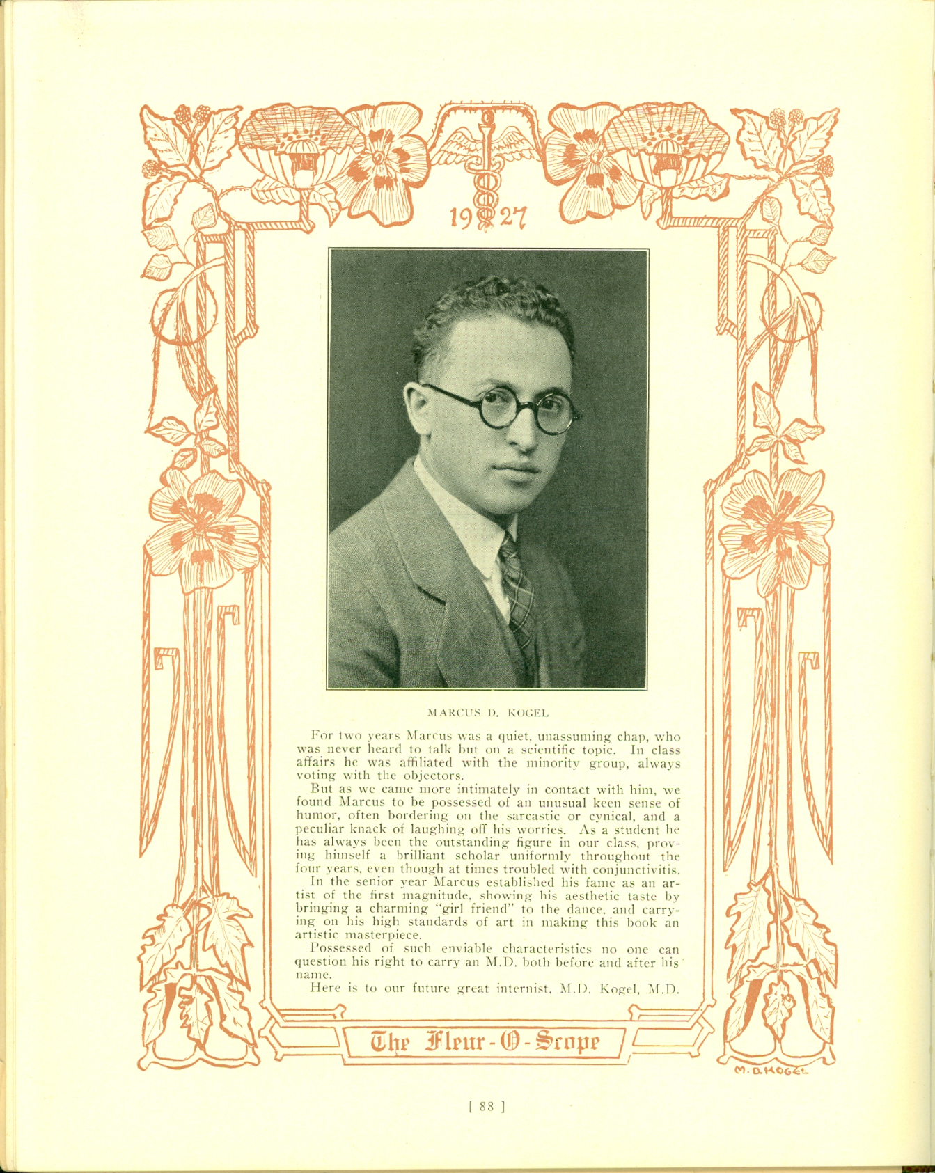 Advert about Kogel with a photo of him, with dark curly hair, light skin, round thick glasses, and a suit and tie.