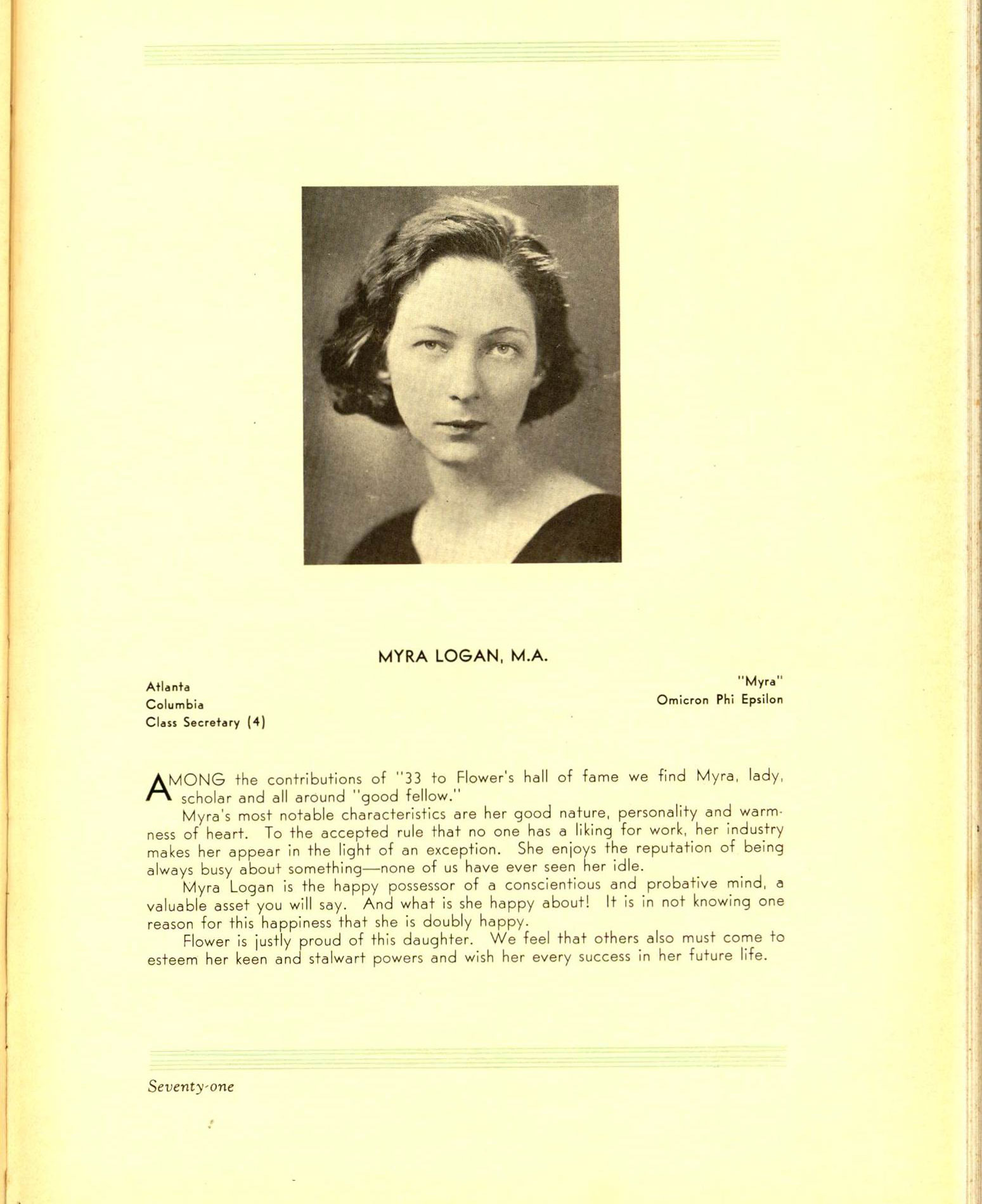 Myra Adele Logan, M.D.'s NYMC yearbook page. She has a short, dark bob, and a serious expression on her face.