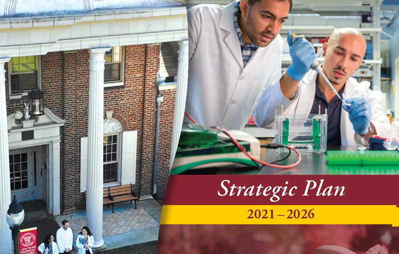 Strategic plan 2021-2026 cover featuring exterior of NYMC building and students working with chemicals in lab