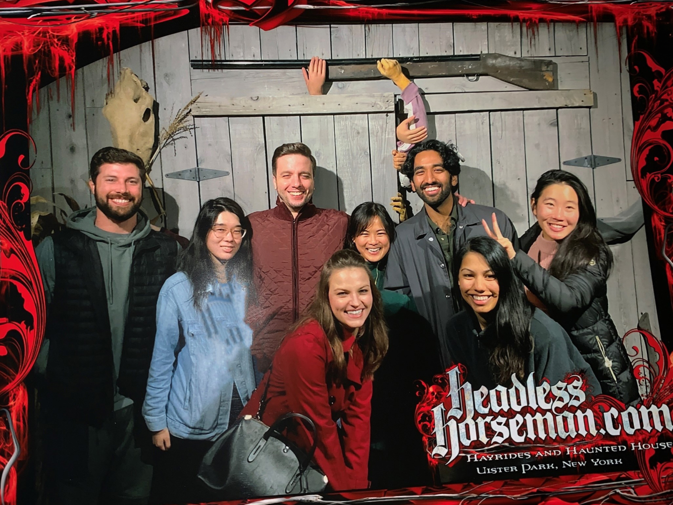 Residents smiling together when visiting the Halloween Headless Horseman at Magic Moon Farm