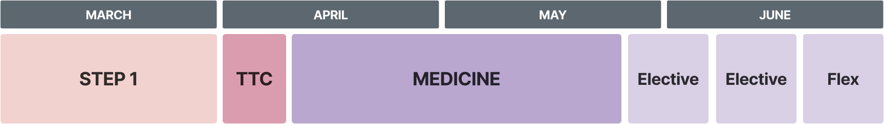 A sample schedule outlining phase 2, year 2 of the M.D. program curriculum. This phase runs from March through June.